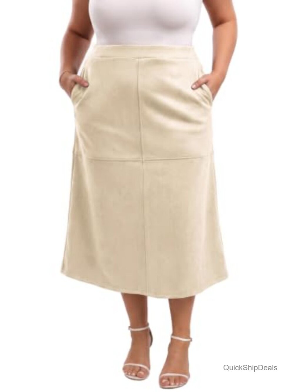 Faux Suede High Waist A-Line Midi Skirt Plus Size Elastic Waist Pockets